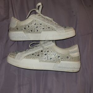 Women's Glitter Rhinestone Lace-Up Sneakers in Cream